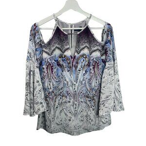 White House Black Market Cold Shoulder Blouse XS Blue White Boho Bell Sleeve Top